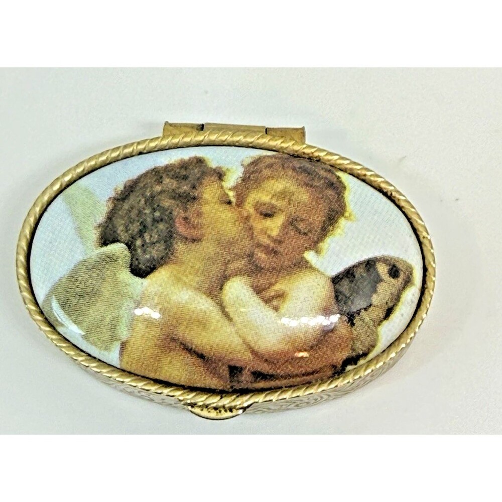 Vintage Kissing Cherubs Oval Enamel Pill Box Gold Tone Hinged Trinket Box 2 In